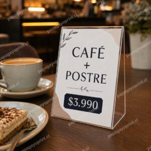 Porta gráfica T acrílico con promoción en cafetería - Papagayoprint