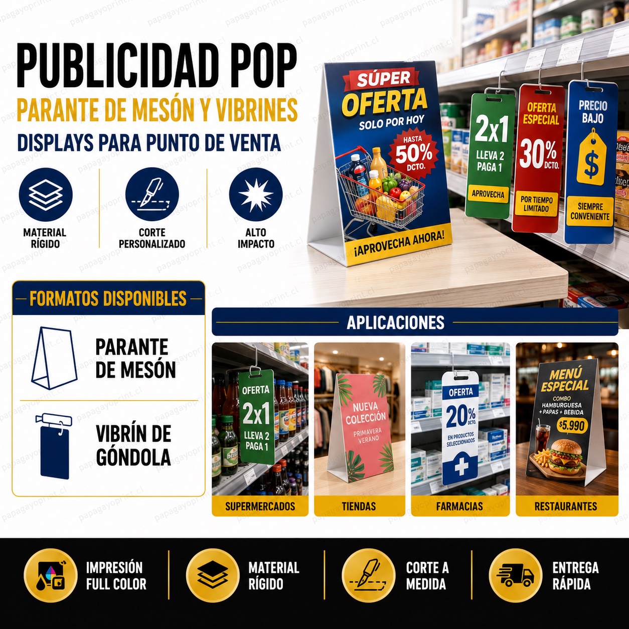 Publicidad POP parante de mesón y vibrines para punto de venta - Papagayoprint