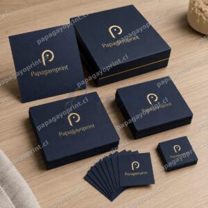 Set de tarjetas de presentacion cuadradas Papagayoprint en varios tamanos con caja de packaging premium azul y dorado