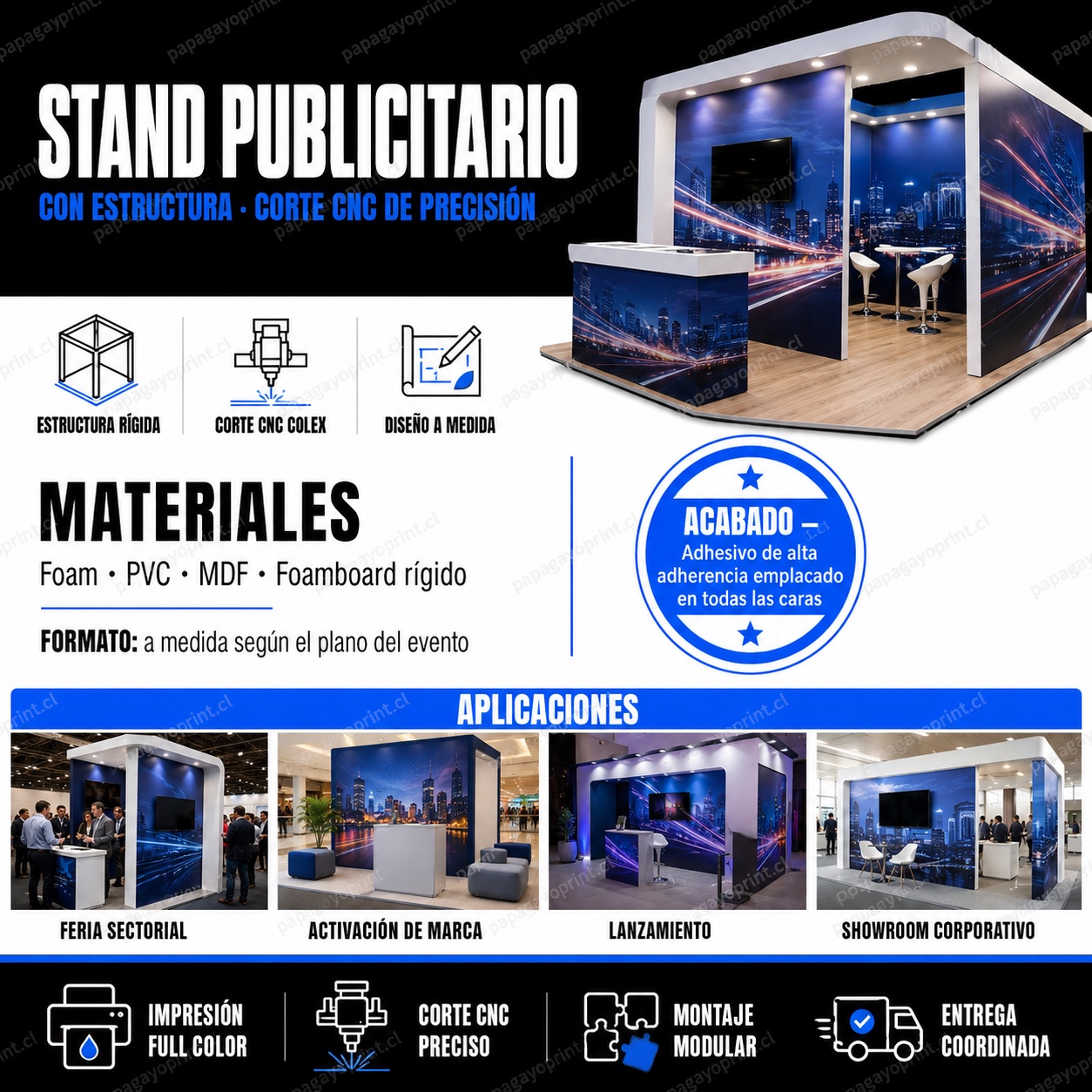 Infografía de stand publicitario con estructura rígida y corte CNC Colex - Papagayoprint