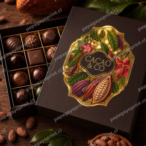 Sticker cromado dorado impreso a color en caja de bombones premium - Papagayoprint Chile