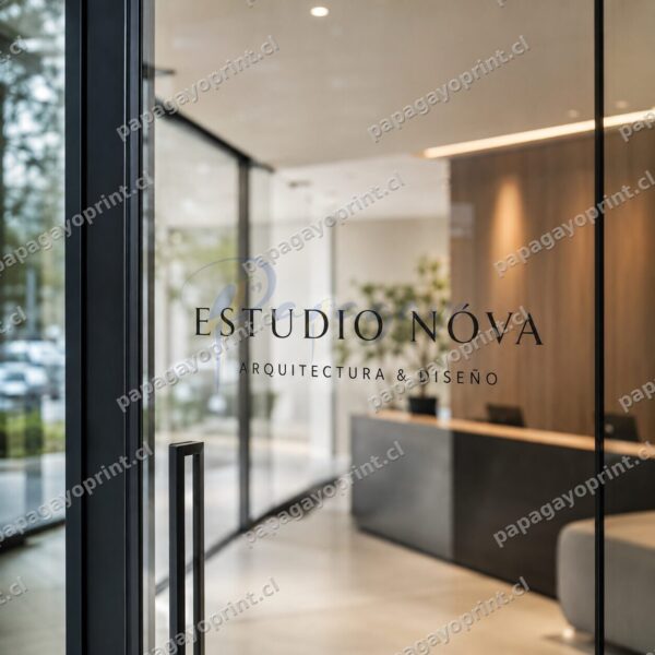 Sticker transparente en puerta de vidrio de oficina con logo de estudio - Papagayoprint Chile