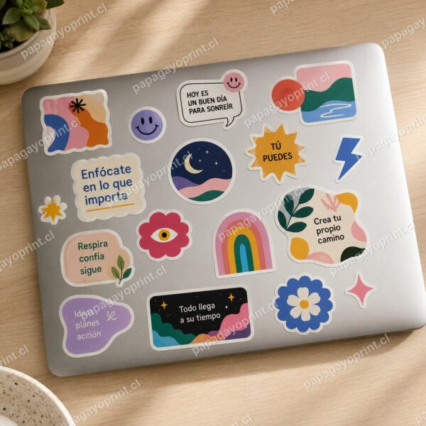 Stickers personalizados troquelados pegados en notebook - Papagayoprint