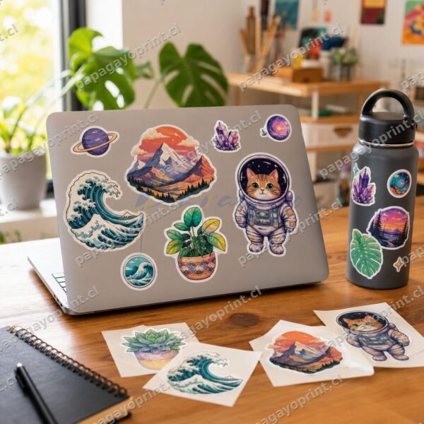 Stickers troquelados personalizados en notebook y botella - Papagayoprint Chile
