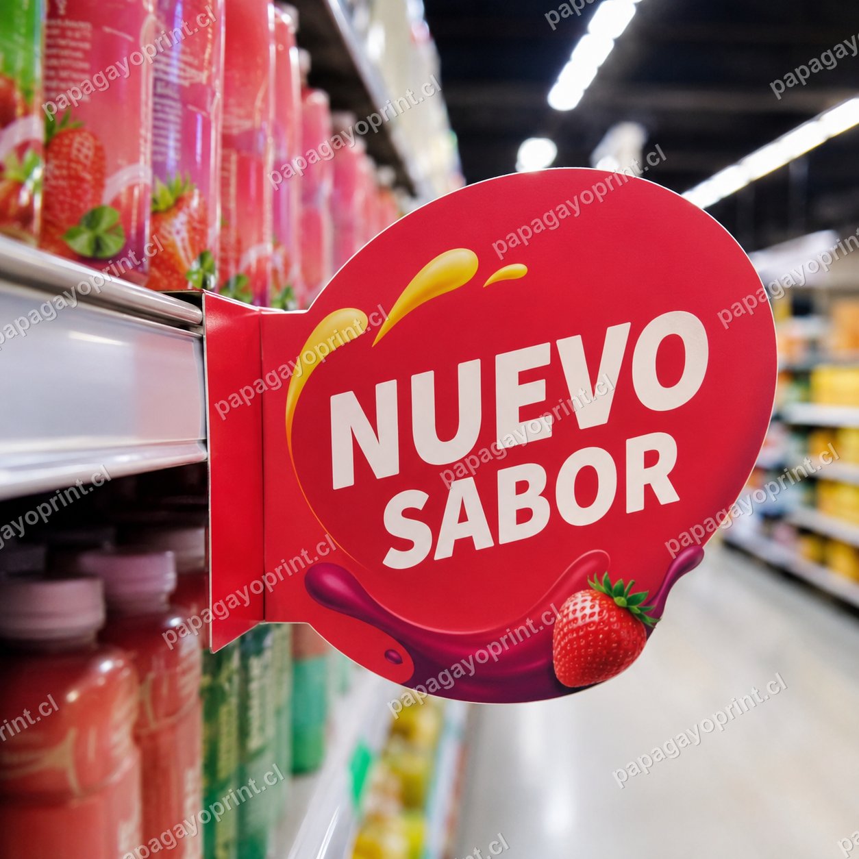 Stopper publicitario de góndola en supermercado - Papagayoprint