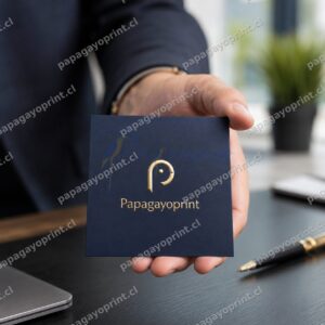 Tarjeta de presentacion cuadrada azul marino con logo dorado Papagayoprint entregada en mano sobre escritorio