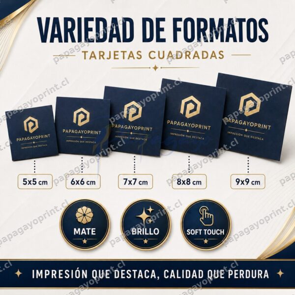 Tarjetas de presentacion cuadradas Papagayoprint en formatos 5x5 6x6 7x7 8x8 y 9x9 cm con acabados mate brillo y soft touch