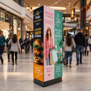 Tótem publicitario de tres caras con gráficas a color en pasillo de centro comercial - Papagayoprint