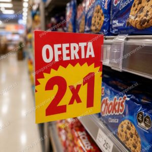 Vibrín publicitario colgando del borde de la góndola con oferta 2x1