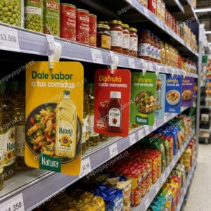 Vibrines de colores colgando a lo largo del estante de supermercado