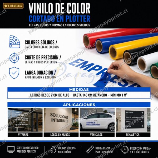 Vinilo de color cortado en plotter para letras y logos - Papagayoprint Chile
