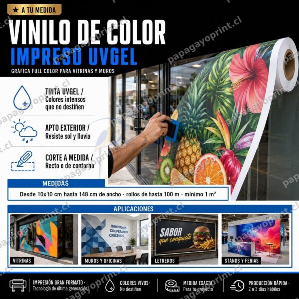 Vinilo de color impreso UVgel full color para vitrinas y muros - Papagayoprint Chile