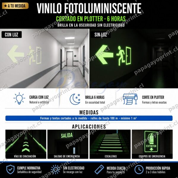Vinilo fotoluminiscente cortado en plotter brilla 6 horas en la oscuridad - Papagayoprint Chile