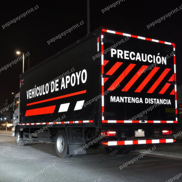 Franjas y letras de vinilo reflectante de corte en camión reflejando la luz de noche